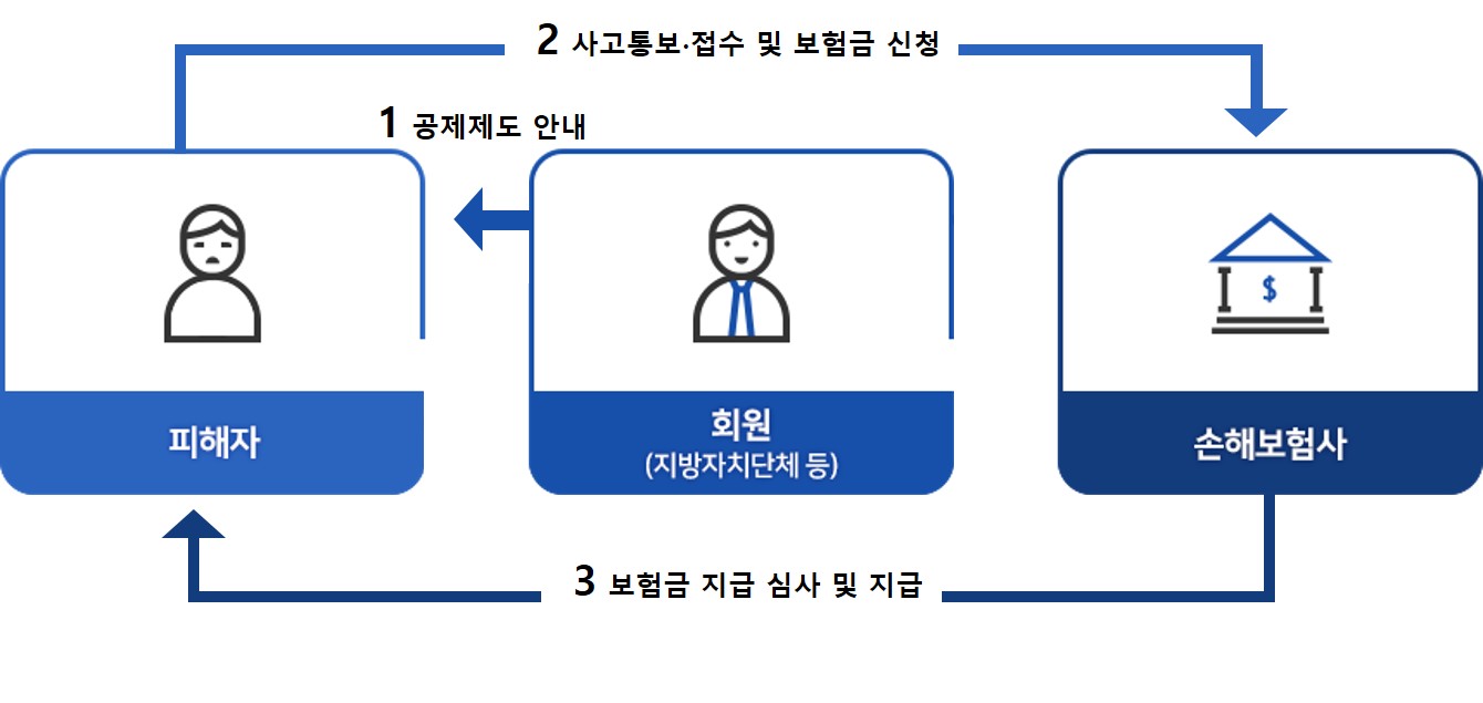 1. 보험금(회원,지방자치단체 등>피해자)>  2. 보험금 신청(회원,지방자치단체 등>손해보험사)>  3. 보험금 지급 심사